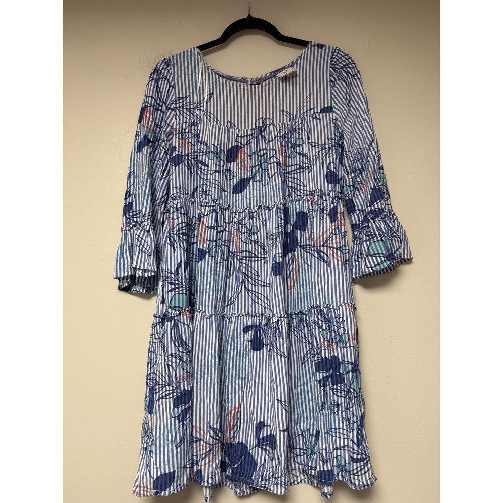 Violet Weekend Women's Blue‎ Striped Floral Print Tiered Dress - S